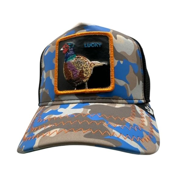 NWT Limited Edition Goorin Bros Luck Stays Down Blue Tan Camo Trucker Hat Unisex - Picture 7 of 13